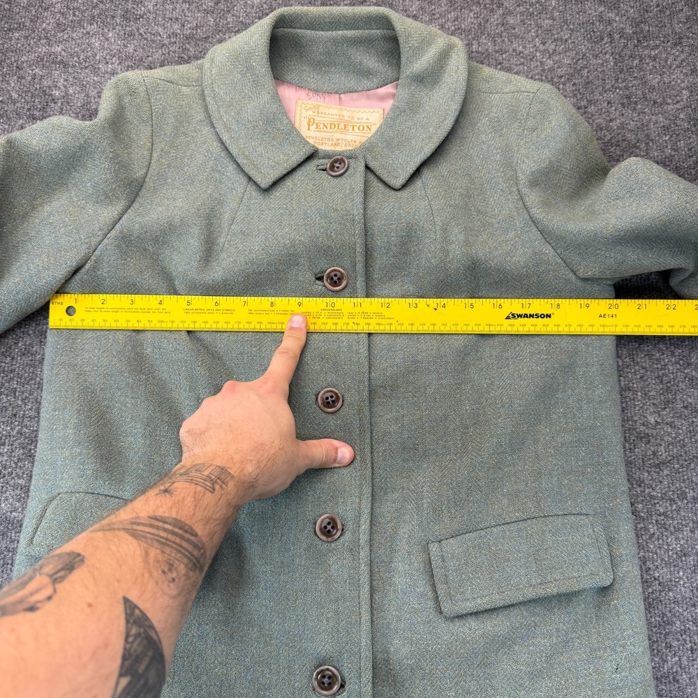 VTG 1950s Pendleton Wool Long Trench Coat Womens M Green Peter Pan Collar Plaid - Picture 2 of 14